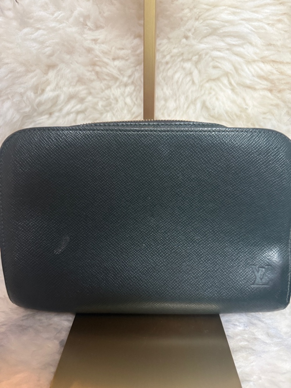 Louis Vuitton Dark Green Textured Leather Clutch Wristlet or Cosmetic Bag